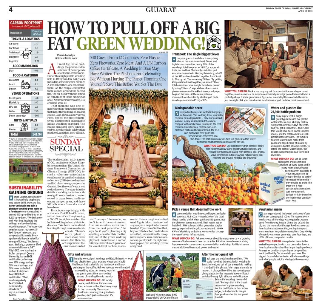 Jash Ruwala and Vishwa Patel's green wedding, Bhuj — January 2026. Carbon footprint assessed by The Earthist.
